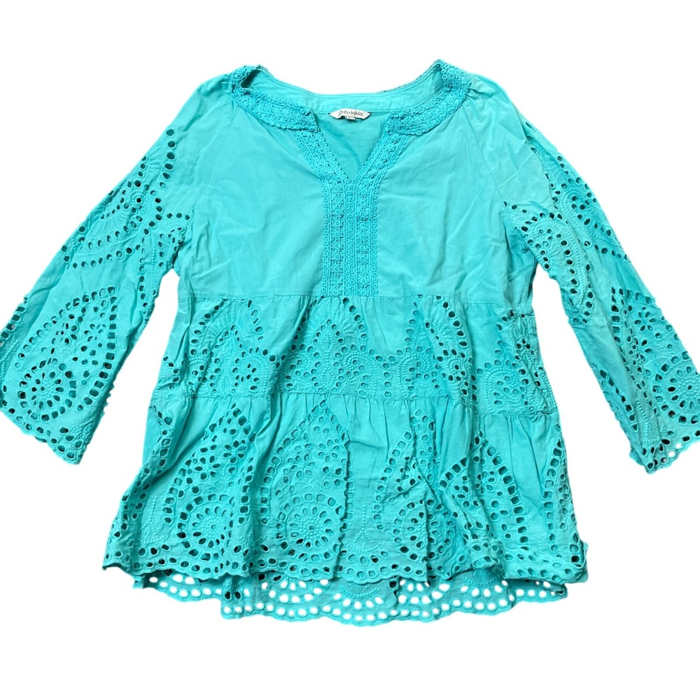 John Mark Small Lined Turquoise‎ 100% Cotton Eyelet Top Tunic